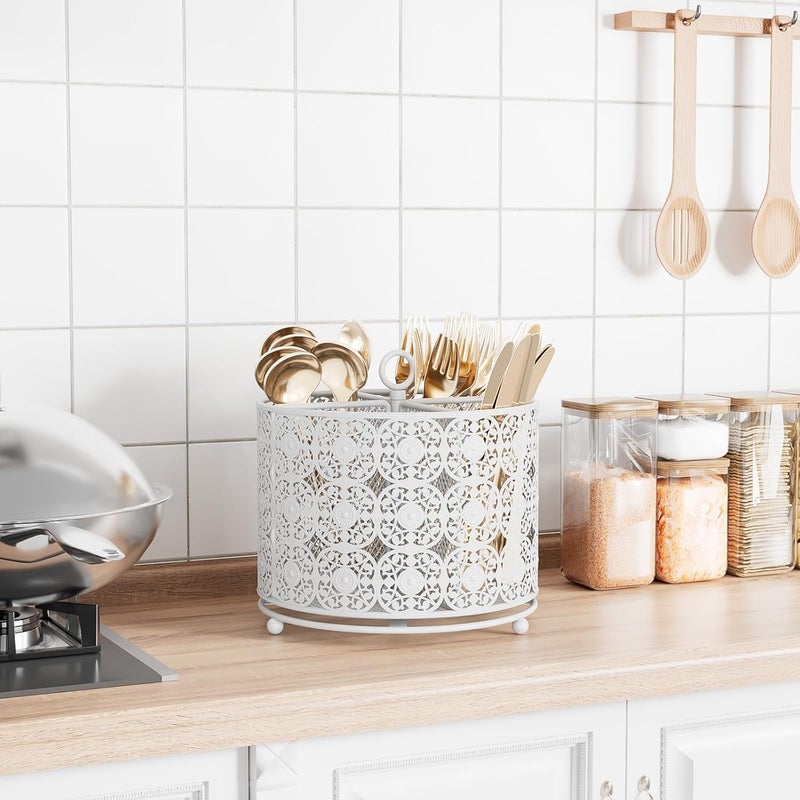 YIUKEA Rotating Utensil Caddy Holder - Higher Raised Cutlery Caddy Countertop - Metal Silverware Caddy Organizer with 4 Compartment for Kitchen Counter Party Office white - Image 2